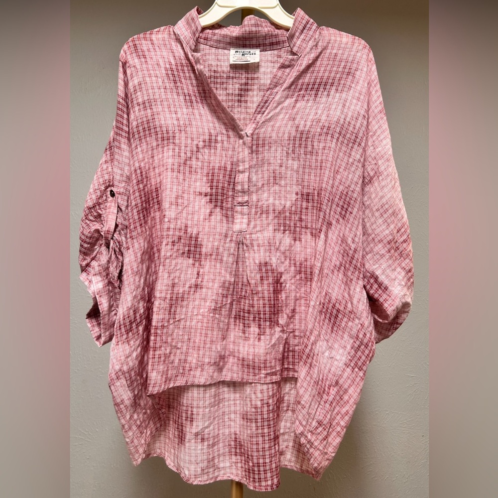 Anthropologie Holding Horses Plaid Gauze Blouse L Pink Boho Lagenlook EUC